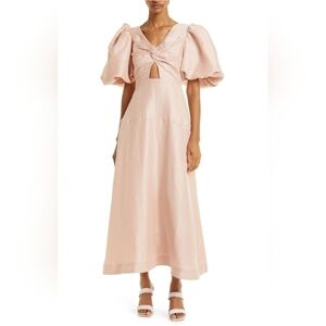 Aje Dusk Knot Cutout Puff Sleeve Linen Blend Midi Dress in blush size 0